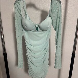 Oh Polly Mint Pearl-Embellished Long Sleeve Bodycon Dress